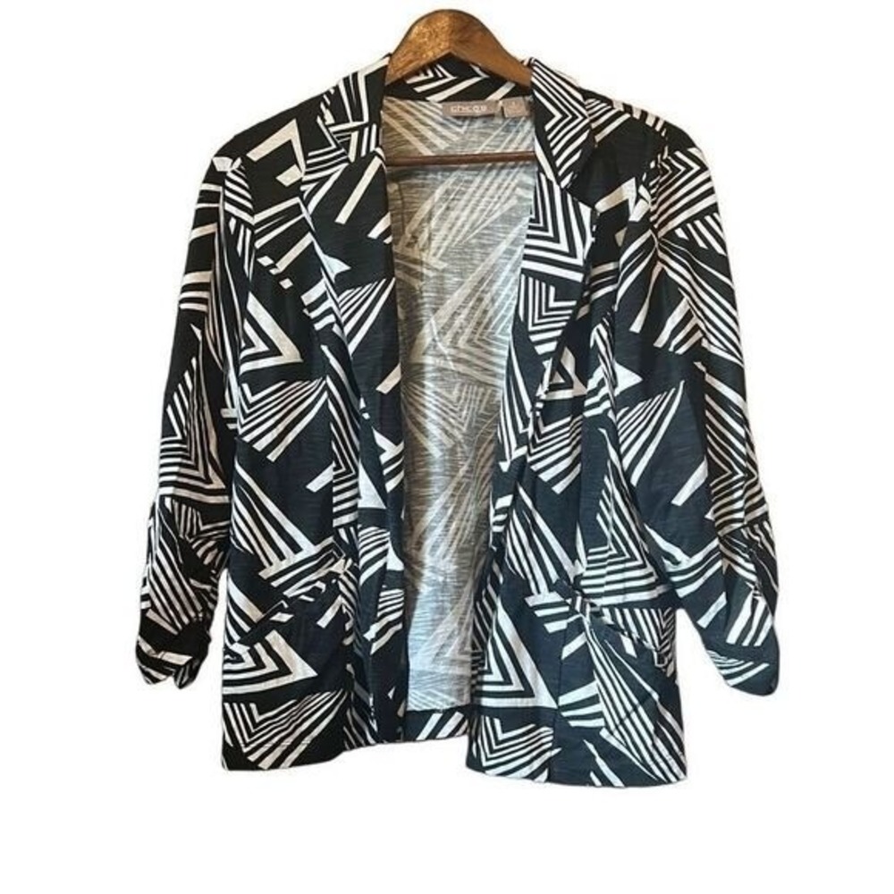 Chico's Women's Black White Geometric Open Front Blazer Jacket size med